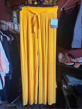 Soho Apparel Mustard Yellow Pleated Wide-Leg Pants with Tie Waist
